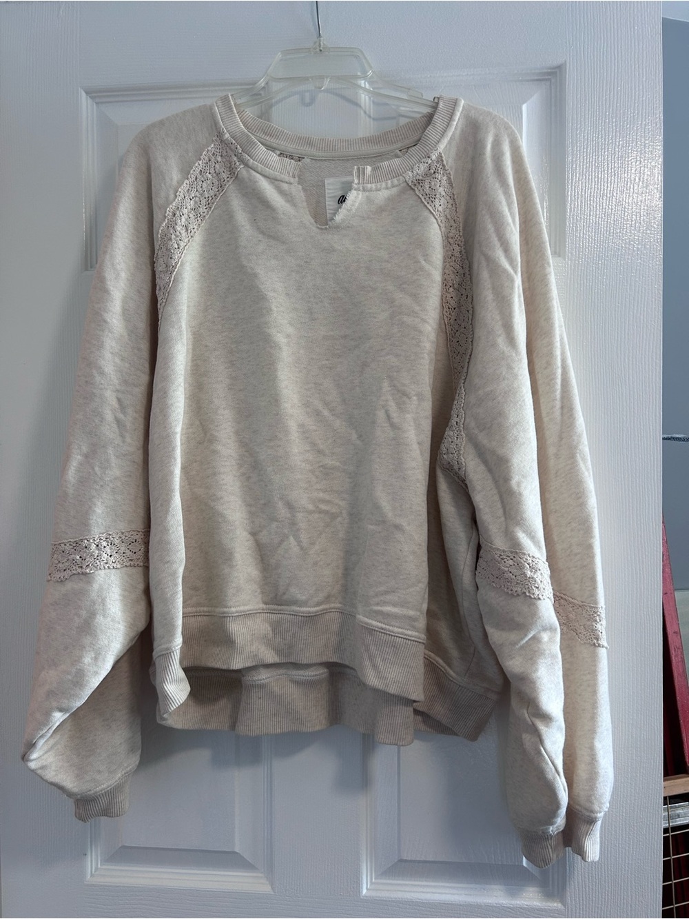 aerie Cream Lace-Trim Scoop Neck Pullover